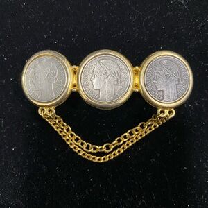 Vintage Gold Tone Francaise Silver Tone Coin Chatelaine Hair Pin Clip